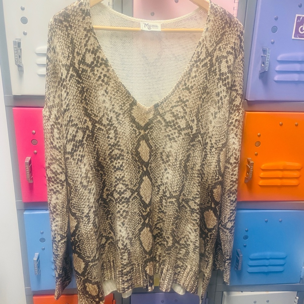 Show Me Your MuMu Oversized Beige and Brown Snake-Print V-Neck Pullover